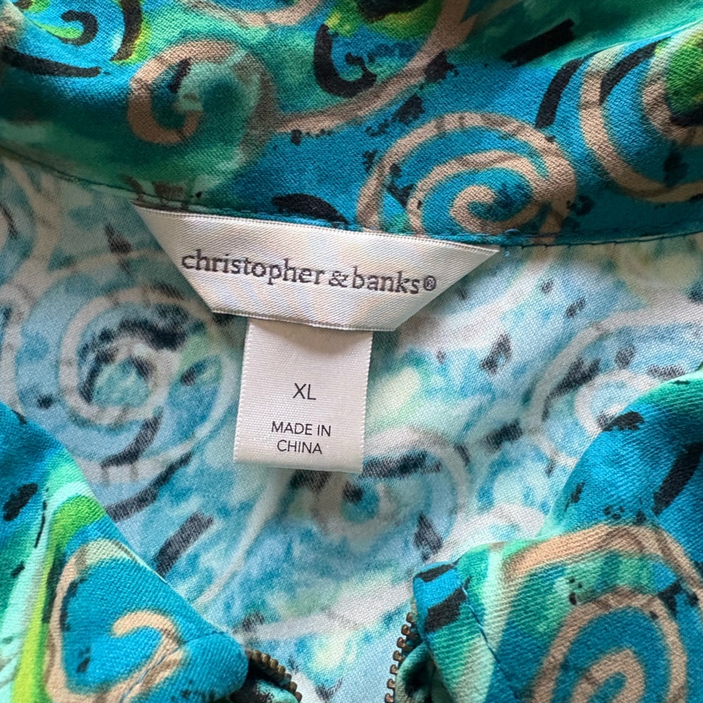 Christoper & Banks Jacket Blue Green Tan Swirl Full Zip Pockets Size XL - Picture 2 of 3